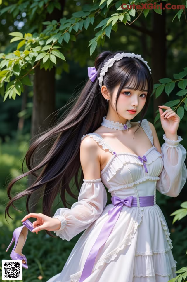 A woman in a white dress holding a pair of purple shoes.