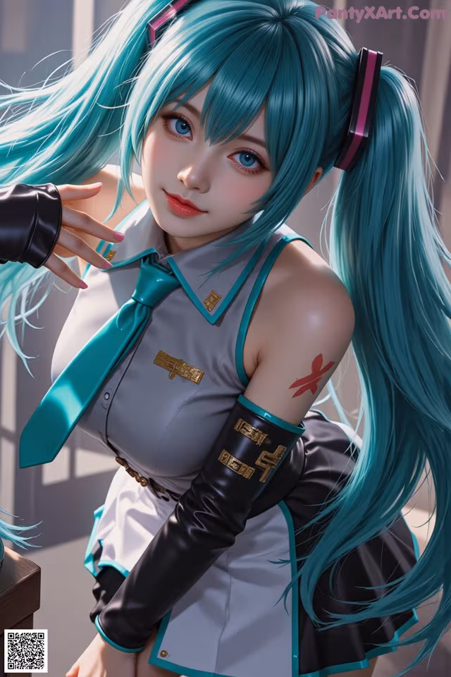 A woman with long blue hair wearing a white shirt and black gloves.