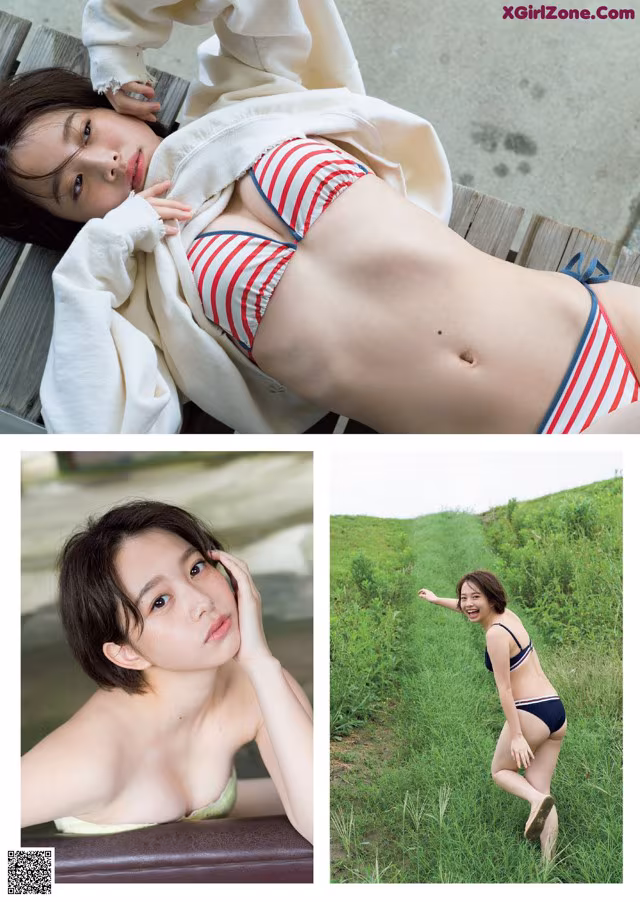 A woman in a bikini laying on a wooden bench.