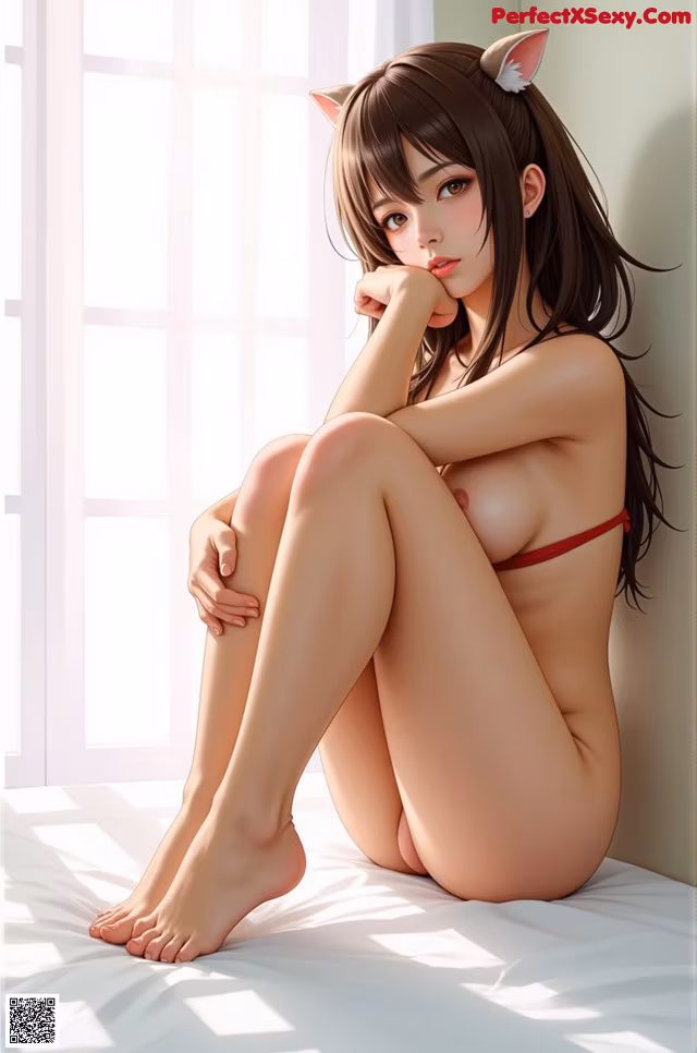 A woman in a red bikini sitting on a bed.