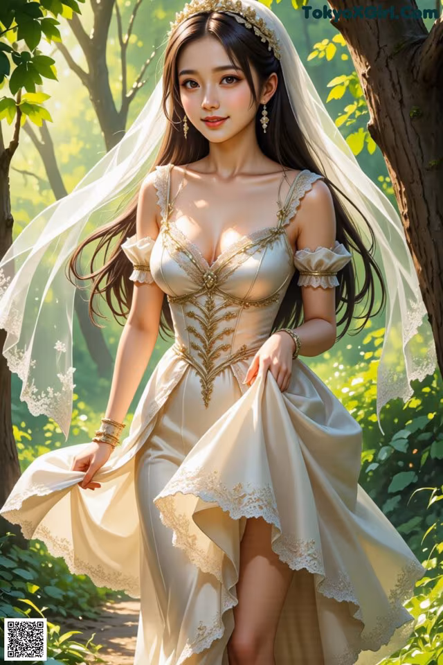 A woman in a wedding dress standing in the woods.