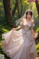 A woman in a wedding dress standing in the woods.