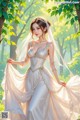 A woman in a wedding dress standing in the woods.