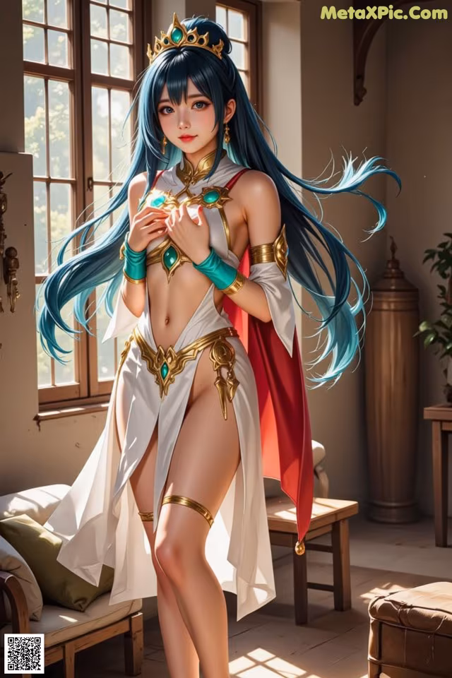 A woman with long blue hair wearing a white dress and a crown.