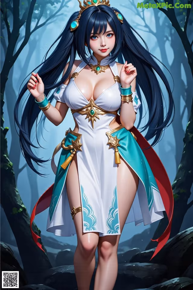A woman in a white dress with a crown on her head.